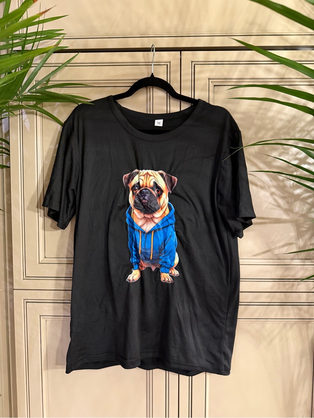 New Black Dog T-Shirt with Blue Hoodie Pug Graphic Animal Lovers Tee Shirt Med